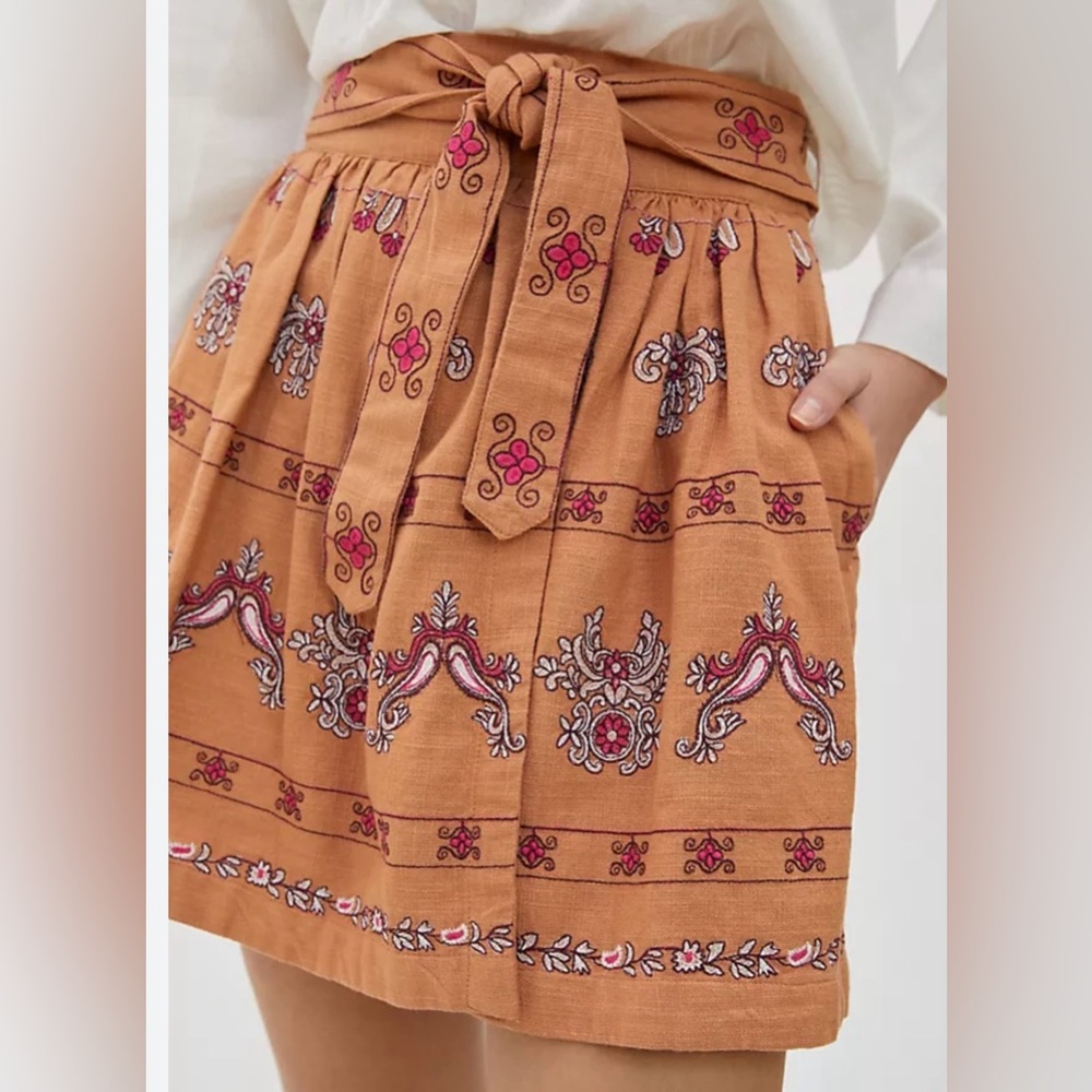 Anthropologie Meghan Embroidered Boho Style Orange Mini Skirt NWT Size 0